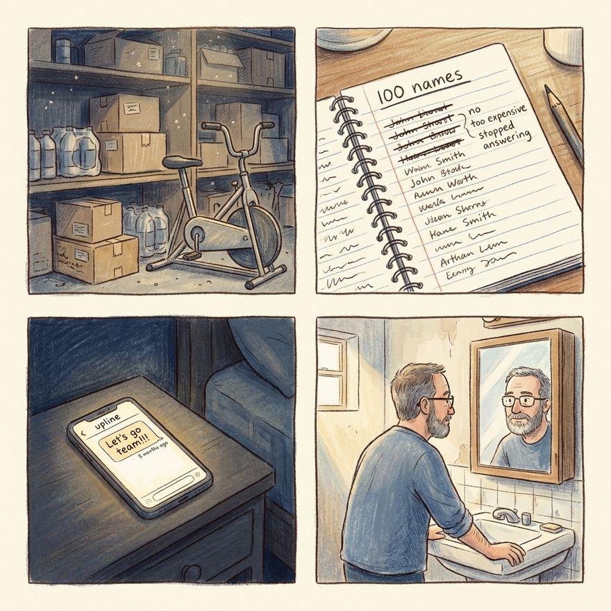 Four crayon sketches: garage shelves of unopened boxes; a list of 100 names with the first five crossed out; a phone with an old unanswered message; a man looking at himself in a mirror.